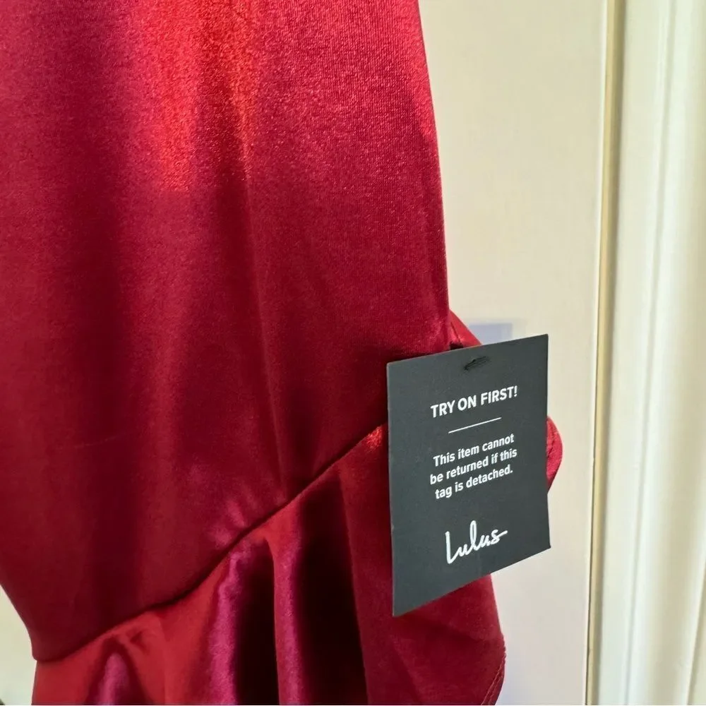 NWT Lulus Romantic Nights Burgundy Satin Ruffled Bodycon Mini Dress Size XL